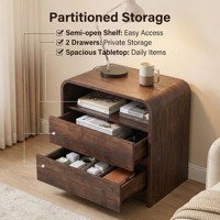 Table de chevet en bois à panneaux larges avec station de charge, 2 grands tiroirs de rangement, décoration intérieure, table d'appoint en bois, table de canapé en bois
