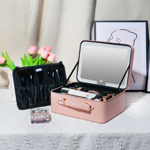 OBOX Trousse de maquillage portable grande capacité avec fermeture éclair et poignée souple, sac cosmétique pour rangement à domicile, couleur rose unie - Product Image 4