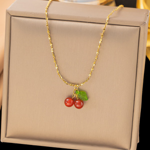 שרשרת תליון אופנתית משנת <span class=keywords><strong>2026</strong></span>, עשויה פלדת טיטניום איכותית לנשים, בציפוי זהב בסגנון בודהיסטי, עם תליון דובדבן ופירות, שרשרת חוליות בצורת כוכבים, מתאימה לסטודנטיות. - Product Image 2