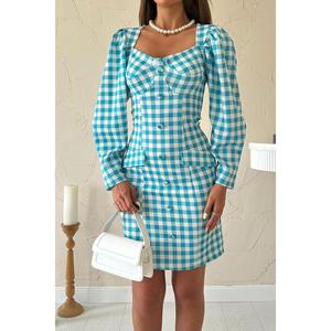 Vestido ajustado azul a cuadros, cintura alta, cuello cuadrado, estilo vintage, lavable, informal, para fiesta - Product Image 4