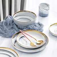 Vente chaude, vaisselle en céramique de style nordique, couleur glacée, marbre, bord doré, ensembles d'assiettes, vaisselle, porcelaine, assiette à dîner, vaisselle