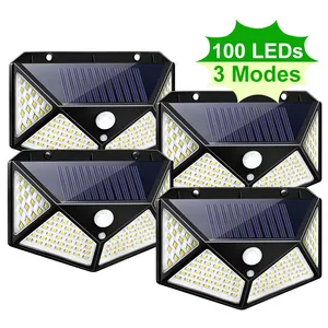 Lámpara de pared de seguridad para exteriores, luz alimentada por energía Solar, impermeable IP65, 100 LED, 3 modos, Sensor de movimiento PIR, para jardín, Patio, terraza y garaje