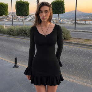 Robe mini moulante noire à manches longues, dos lacé, ourlet à volants, découpes sexy, pour soirée et club, pour femme - Product Image 2