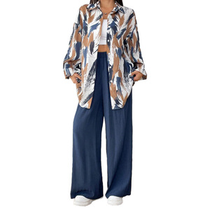 High Street Damen Bedrucktes Hemd und Weite Lange Hose Set Damenmode Zweiteiler Damenkleidung - Product Image 4