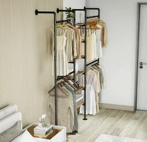 Industrial Pipe Wall Mounted Clothing Rack Multi-Purpose Storage Clothes Hanging Shelf 2 Métodos de Instalação para Quarto
