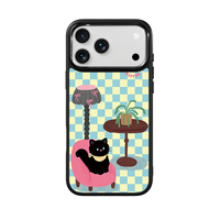 Coque de téléphone AG Feeling Black Edge avec motif chat doré et carreaux verts pour iPhone 17, 17 Pro Max, 16 Pro, 15, 15 Pro Max, 15 Pro, 14 Pro Max – Coque magnétique