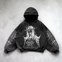 Ensemble sweat à capuche zippé vintage délavé pour homme avec motif anime, pull oversize et pantalon de jogging assorti, style punk urbain quotidien et skate