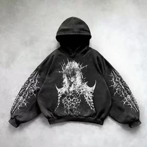 Ensemble sweat à capuche zippé vintage délavé pour homme avec motif <span class=keywords><strong>anime</strong></span>, pull oversize et pantalon de jogging assorti, style punk urbain quotidien et skate - Product Image 2