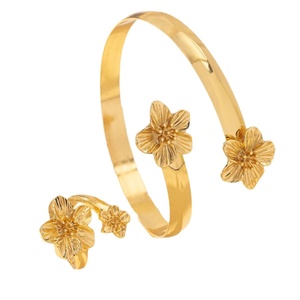 Jingciren Boutique – ensemble de bijoux tendance européens et américains, bracelet et bague à texture métallique, motif floral, 1 ensemble - Product Image 5