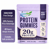 Gummies de protéines de lactosérum à marque privée, saveur baies sauvages, 60 unités, formule personnalisée, certificats multiples pris en charge