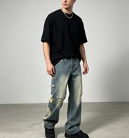 Jean déchiré pour homme, coupe droite, effet vieilli, bords bruts, style vintage, streetwear décontracté Y2K, vente en gros, nouveau modèle de créateur