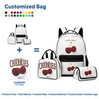 Tas Ransel Anak Motif Buah Ceri Merah 3in1 Set Bahan Polyester Tahan Air Tas Sekolah Siswa Dilengkapi Kotak Makan Siang Pola Kustom