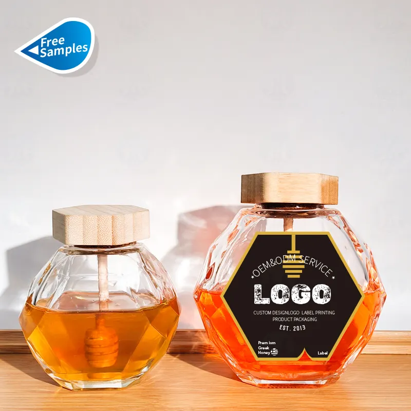Forme unique 250g 500g 1000g Bouteilles de miel vides Pots de miel en verre clair avec couvercle en bois cuillère et louche
