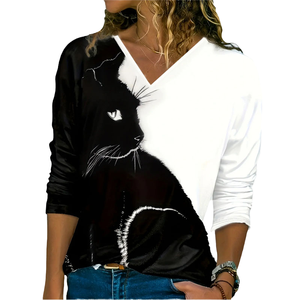 Camiseta de manga larga con estampado de gato y cuello en V para mujer, estilo occidental, informal, tejido, mezcla de poliéster y LICRA - Product Image 4