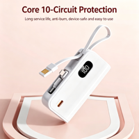 Batterie externe mini 3-en-1 personnalisée avec logo, 5000 mAh, affichage numérique, support de téléphone et câbles intégrés à double embout
