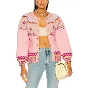 OUTENG Pearl Button Balloon Sleeves Pink Zigzag Jacquard Custom Ladies Women's Sweaters Knitted Cardigan Sweater Women