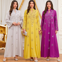 Robe longue Kaftan Jalabiya pour adultes musulmans, avec appliques florales en strass, col à capuche, tenue modeste pour l'Aïd, le Ramadan, les soirées et les fêtes