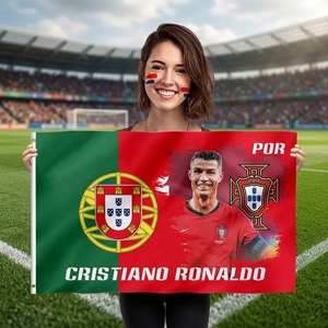 Bandera de Portugal Personalizada con <span class=keywords><strong>Cristiano</strong></span> <span class=keywords><strong>Ronaldo</strong></span>, Jugador Estrella, para Aficionados al Fútbol, Evento Deportivo Mundial 2026, 3x5 pies, 100% Poliéster, Duradera - Product Image 1