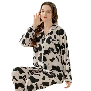 The new Korean women's home leisure pajamas advanced sense of sweet cow pattern ice silk home wear two-piece set