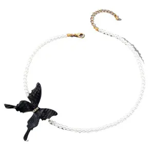 DAIHE 2024 Summer New 3D Black Butterfly Pearl Necklace Fashion Jewelry for Women