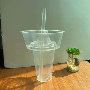 Custom Logo Disposable 1000 ml Single Wall 90mm Bubble Tea Juice Beverage <b>Cups</b> Large Cola <b>Plastic</b> <b>Cup</b> with Snack Bowl Food Tray - Product Image 1
