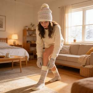 <span class=keywords><strong>Ensemble</strong></span> de chapeau, mitaines et chaussettes en tricot d'hiver pour femmes de qualité supérieure, motif Fair Isle nordique, accessoires chauds pour le temps froid - Product Image 1