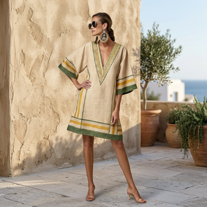 Robe kaftan mini en lin 100% rayé, tissée, dentelle naturelle, col en V, sans manches, style bohème, décontractée, vêtements de plage d'été - Product Image 2