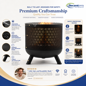 Brasero Portátil de Hierro para Exteriores, Negro Mate, Cilíndrico, con Cuerpo Perforado, Tazón Curvo Sólido y 3 Patas - Product Image 3