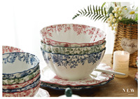 Ensemble élégant d'assiettes et de bols en porcelaine à motif floral avec bordure verte, vaisselle en céramique bleue et rose à motif de pivoine pour mariage et maison
