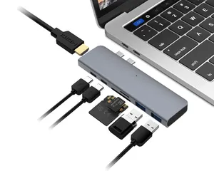 DC702 Thunderbolt 3 Hub 7 In 1, Hub Tipe C Port Ganda Ke USB 3.0 PD HDMI4k @ 30Hz SD TF untuk Macbook, Macbook Pro, Macbook Air
