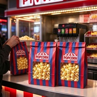 Sac en papier kraft pour pop-corn avec fenêtre transparente, sac en papier à dessus torsadé rayé rouge et bleu pour l'emballage de collations de cinéma