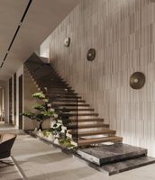 Escalier droit moderne sur mesure pour intérieur, en chêne blanc flottant, avec marches en bois et garde-corps en corde, pour villa