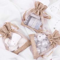 Sac cadeau en jute et lin avec cordon de serrage pour organiser les cosmétiques, pochette à bijoux en toile de jute avec fenêtre en maille simple