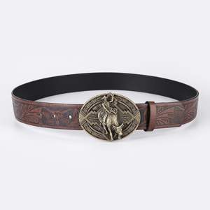 Ceinture en cuir véritable de 4cm de large pour femmes de style ethnique vintage longueur personnalisée robe Occasion sculptée boucle en alliage PU à fleurs HJ - Product Image 1