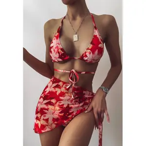 2023 New Arrival 3 Piece Floral Print Tie Dye Crop Top Knot Skirt Bikini Set Women's Swimsuit