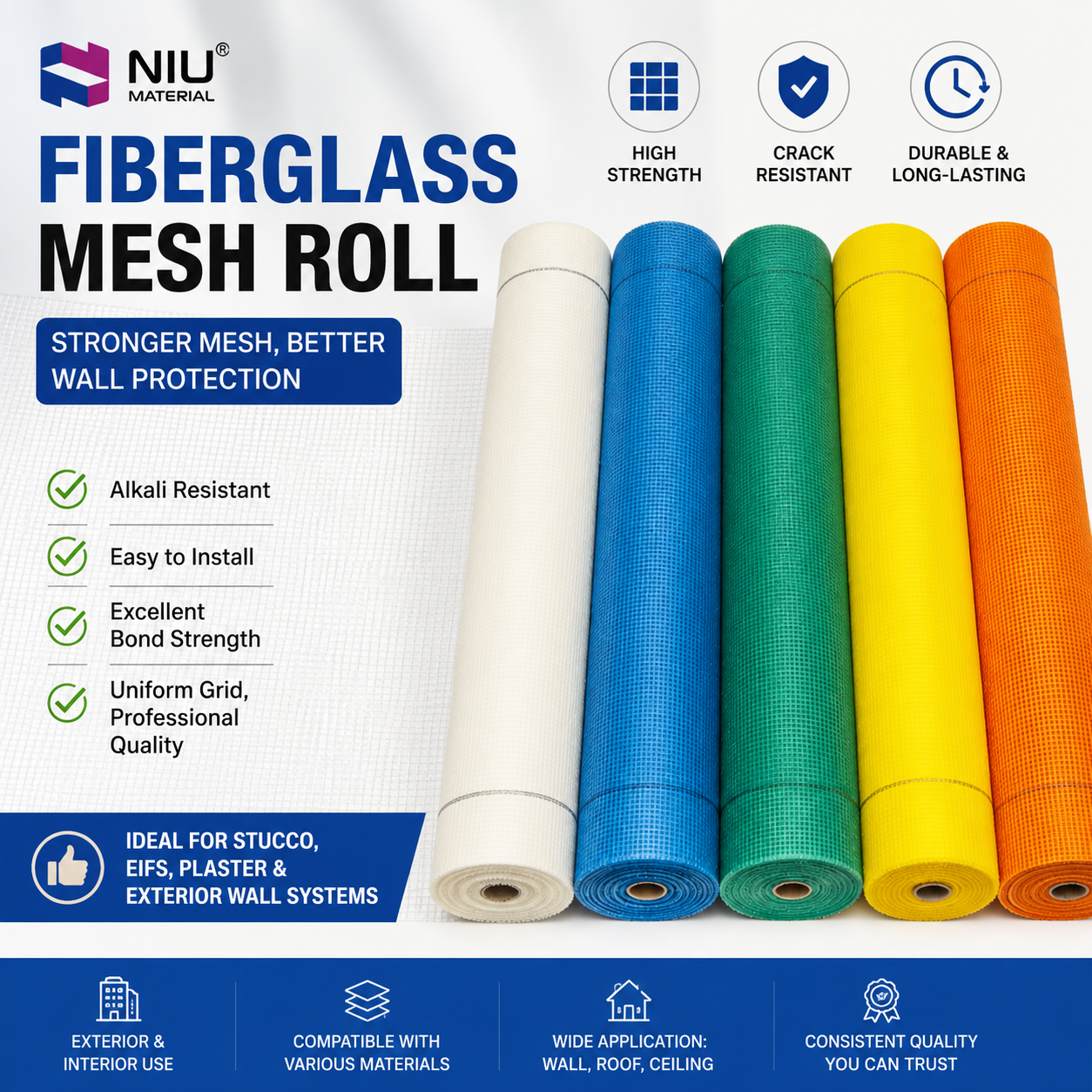 160g Alkali Resistant Fiberglass Mesh Fabric Rolls 4x4mm 5x5mm for EIFS Wall Reinforcement Fiber Glass Netting CE BV Certified