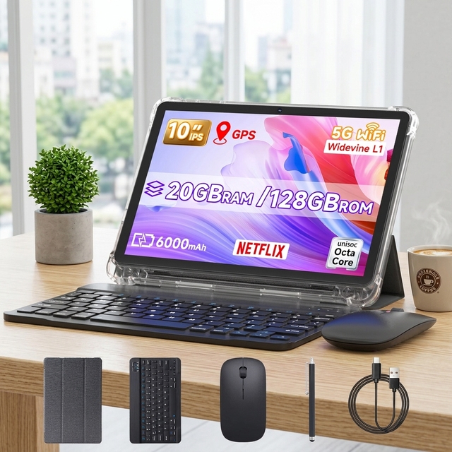 10 Inch Android 16 128GB Memory 1280*800  Display Tablet PC ,  2 in 1 Tablets with Keyboard Case Mouse Stylus