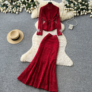 Ensemble <span class=keywords><strong>deux</strong></span> <span class=keywords><strong>pièces</strong></span> chic et élégant pour <span class=keywords><strong>femme</strong></span>, col en V, <span class=keywords><strong>dentelle</strong></span>, perles et broderies, coupe ajustée, collection automne, qualité supérieure - Product Image 6