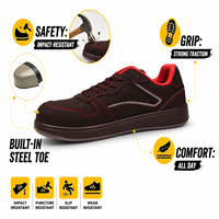 Chaussures de sécurité basses AOXIANG confortables à embout d'acier pour la construction, en cuir microfibre noir, semelle intermédiaire injectée, semelle extérieure.