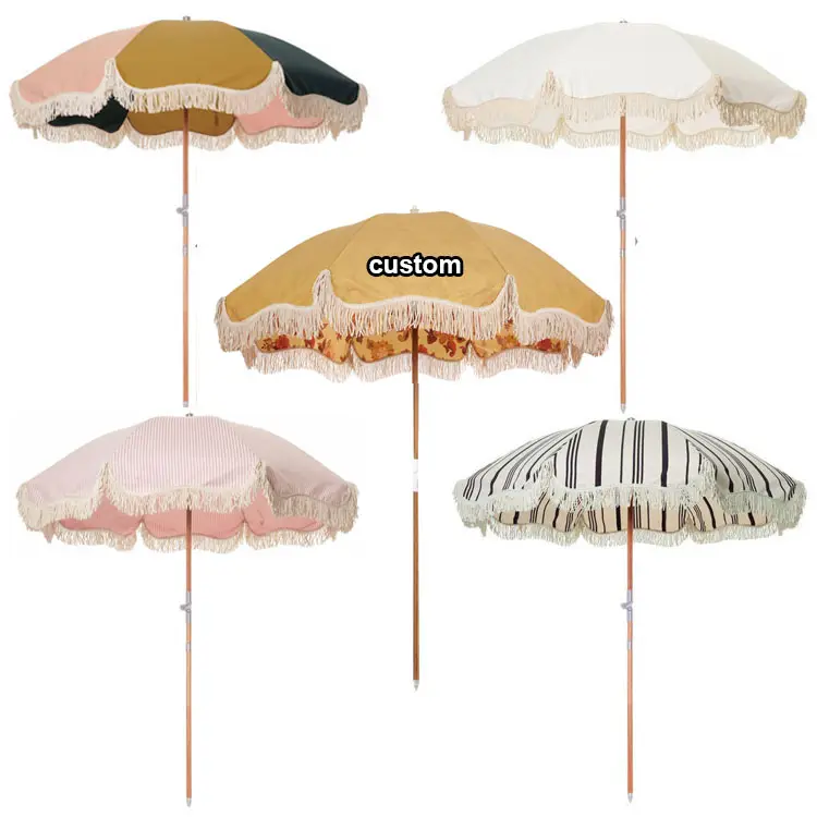 New BR 6ft 7ft Portable Wooden Pole Luxury Fringed Beach Umbrella with Tassels  Premium Boho Outdoor Patio Sun Parasol for Table