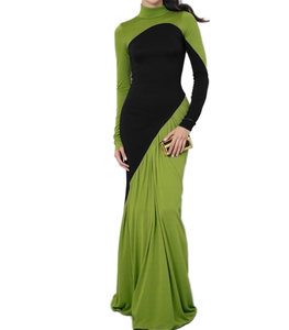 เดรสยาวทรงลำลองคอตั้งสำหรับผู้หญิงรุ่นใหม่ล่าสุด ดีไซน์ตัดสีแฟชั่น แขนยาว เหมาะสำหรับขายส่ง - Product Image 1