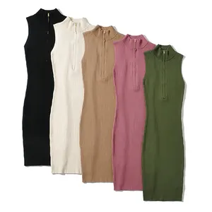 5 colorway simple design front with zipper women sexy bodycon sleeveless knit dress