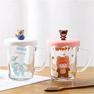 Gobelet à lait de vache 380ml avec poignée, joli gobelet en verre avec couvercle transparent, pour le bureau, pour le petit déjeuner, prix d'usine