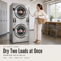 Séchoir à linge superposé professionnel 16 kg x 2, chauffage au gaz, séchage rapide, TransFlow, en acier inoxydable, avec paiement par carte pour laverie automatique