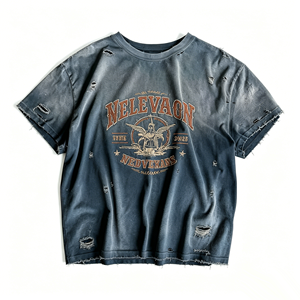 T-Shirt Personalizzata Kornit DTG Blu Scuro con Stampa <span class=keywords><strong>Angelo</strong></span> Effetto Acid Wash, Produzione OEM, Stile Grunge, Cotone, Manica Corta - Product Image 1
