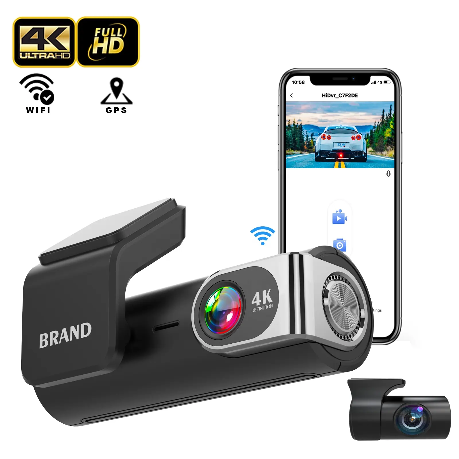 Mini 4k Dash Cam video camera phía trước và phía sau ống kính kép 4k Dash Camera cho xe ô tô 4K + 2K Dashcam GPS Wifi Xe DVR HD 4K Dash Cam