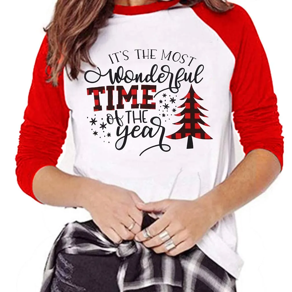 Merry Christmas Baseball T Shirts Women Long Sleeve Raglan Shirt Christmas Plaid Truck Tree Graphic Top Female T-shirt