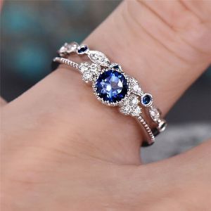 Conjunto de joyería fina de calidad, anillo de piedras preciosas de Esmeralda chapada en plata, anillos de circonia cúbica coloridos, conjunto de anillos de boda de diamante brillante, 2 uds. - Product Image 5