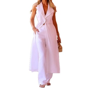 Nuevo Conjunto de Dos Piezas de Verano para Mujer, Blusa Larga sin Mangas con Solapa Blanca y Pantalones de Color Sólido, a la Moda - Product Image 4