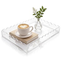 Plateau de service en acrylique personnalisé d'usine OEM, plateau rectangulaire transparent en plastique avec poignée, plateau de présentation de qualité alimentaire pour fruits et gâteaux